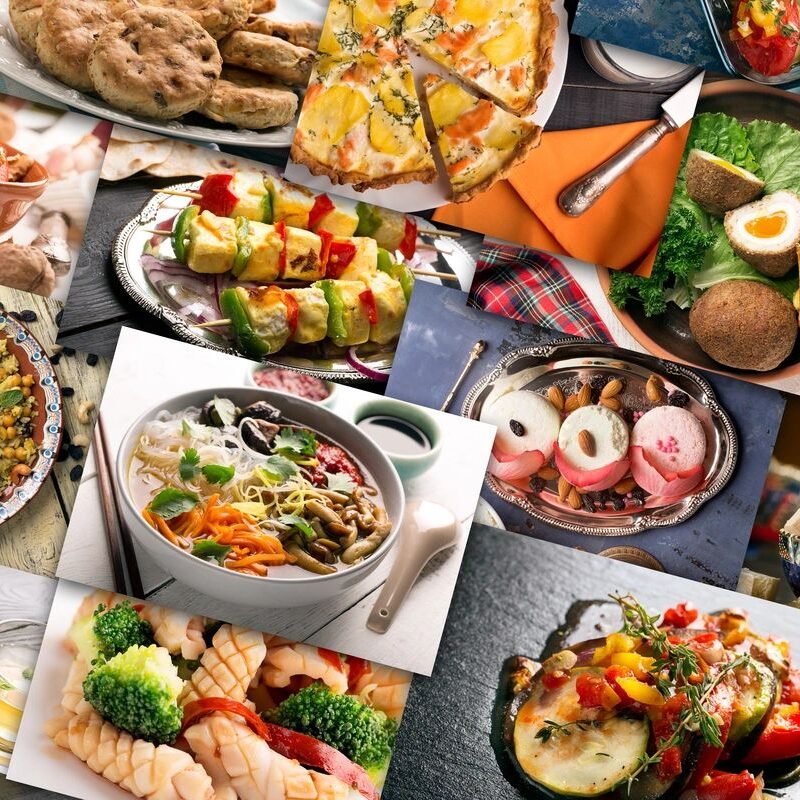 Different countries cuisine. Varied dishes prepared form meat or vegetables